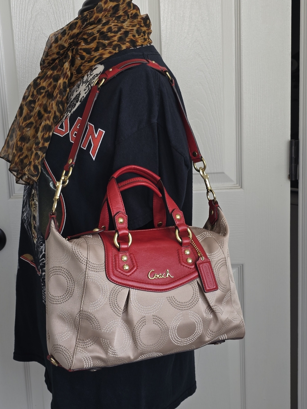Coach Ashley Dotted Op Art Beige Red Carryall Satchel #F20027